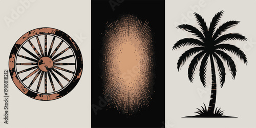Vintage wagon wheel, bursting light effect and silhouetted palm tree vector graphics