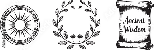 Circular sun emblem, laurel wreath and ancient scroll with text vector illustrations