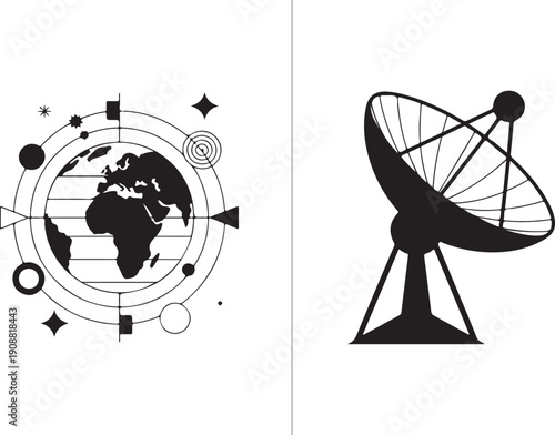 Global communication network with satellite dish and earth globe abstract technology concept