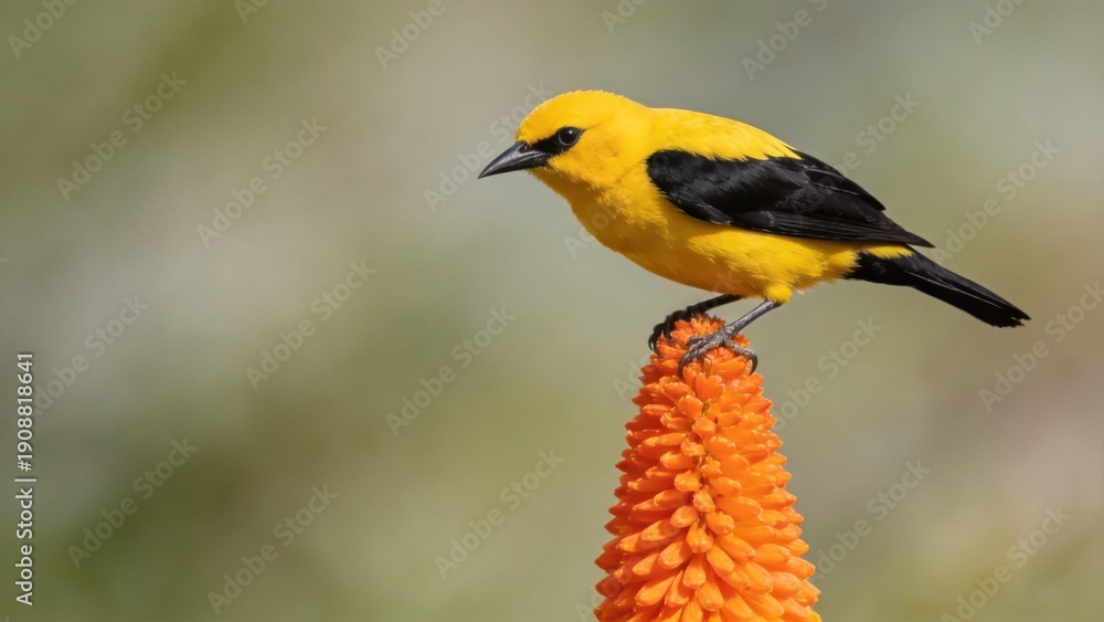 Naklejka premium Bright yellow bird perched on vibrant orange flower in natural habitat,wildlife photography,animal beauty,nature conservation concept with copy space and soft background