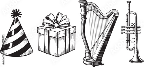 Birthday party celebration items including hat gift box harp and trumpet musical instrument isolated on transparent background
