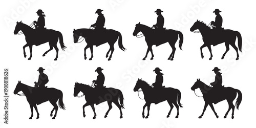 Collection of black cowboy and cowgirl horseback riding silhouettes, set of eight different horse riders