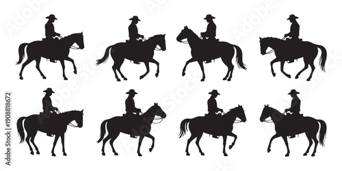 Collection of black cowboy and cowgirl horseback riding silhouettes, set of eight different horse riders