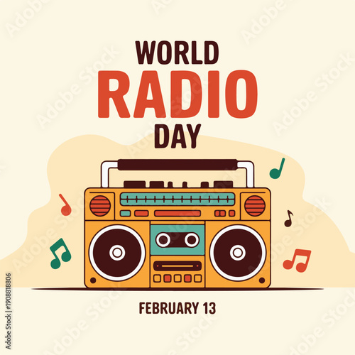 World radio day celebration with vintage boombox radio illustration for music broadcast media listening February 13th