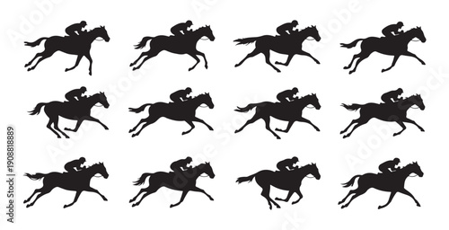Galloping horse animation cycle silhouettes for motion graphics design featuring jockeys in competitive race