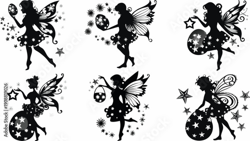 Magical fairies dancing with stars and sparkles in black silhouettes