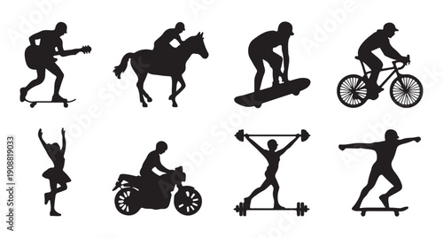 Set of black silhouettes representing various sports and hobbies activities for icons and design projects