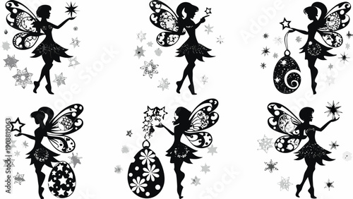 Silhouette fairies with stars and snowflakes in magical poses