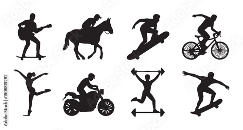 Action sport silhouettes featuring human figures engaging in diverse physical activities and outdoor games