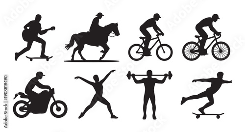 Active lifestyle human silhouettes set showing various sports like cycling weightlifting and skateboarding