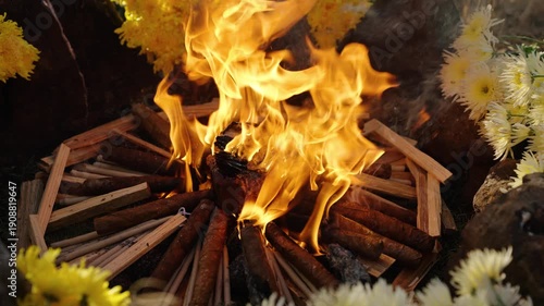 Sacred fire altar with offerings during traditional Mayan ritual