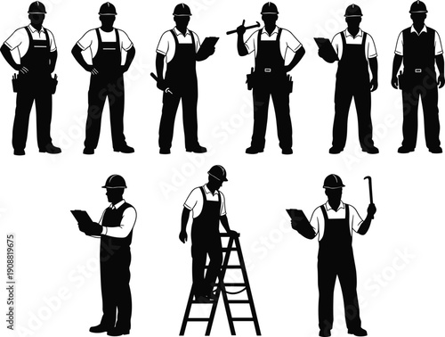 Construction worker silhouette set, builder poses collection, tradesman tools icons, industrial laborer figures, professional handyman illustration pack