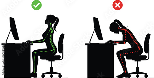 Correct and incorrect sitting posture at computer desk, ergonomic office chair setup, spine alignment comparison for workplace health and productivity illustration