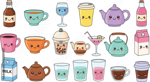 Cute kawaii drink and beverage illustration set featuring happy cups, teapots, milk cartons, glasses, and adorable cartoon drink characters
