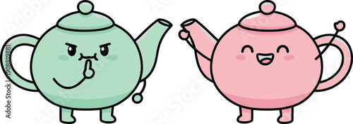 Cute pastel teapot characters illustration with adorable expressions, kawaii tea pot friends, playful cartoon design for children, decor and merchandise