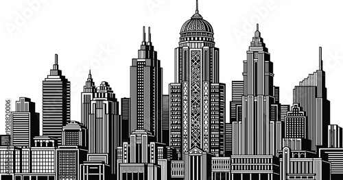 Detailed city skyline illustration, modern urban skyscraper panorama, architectural high-rise buildings silhouette, downtown cityscape graphic for design