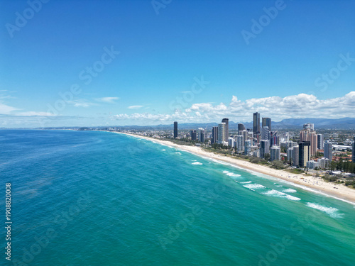 A drone photo of the Gold Coast, Surfers Paradise beach in the sunshine