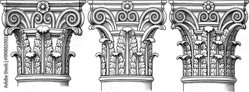 Detailed Corinthian column capitals vintage architectural illustration, classical acanthus leaf ornament, ancient Greek Roman design engraving artwork for restoration and history projects