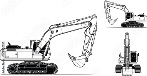 Detailed excavator construction vehicle illustration showing side front and angled views of heavy machinery equipment used for digging earthmoving industrial work projects