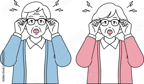 Elderly person adjusting glasses illustration, surprised senior character, vision problem concept, cartoon expression art, eyesight discomfort drawing