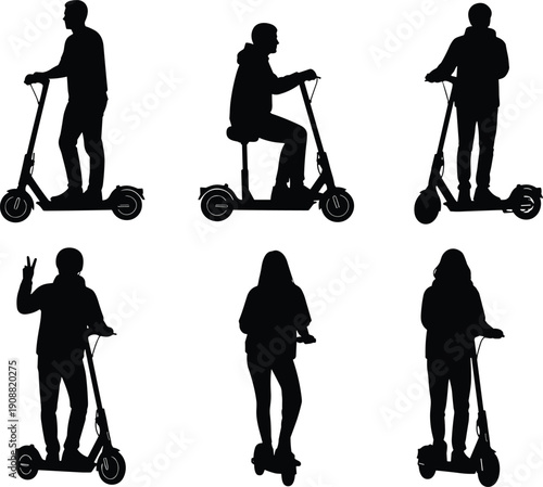 Electric scooter rider silhouettes, urban mobility people illustration, modern eco transportation concept, standing and sitting scooter users artwork