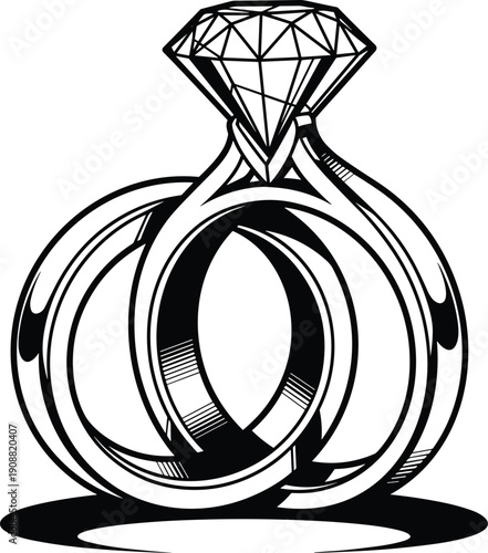 Elegant illustration of diamond engagement ring and wedding bands symbolizing marriage, love, commitment, romance, luxury jewelry design, bridal accessories, celebration