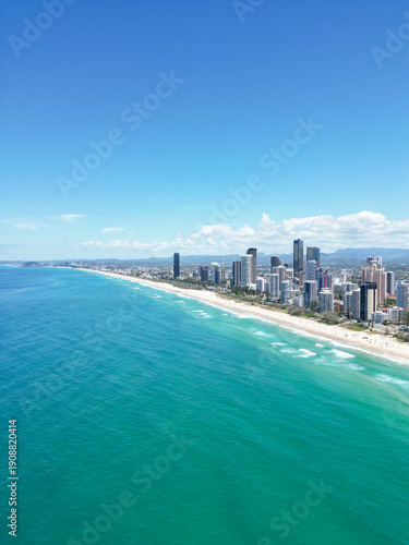 A drone photo of the Gold Coast, Surfers Paradise beach in the sunshine