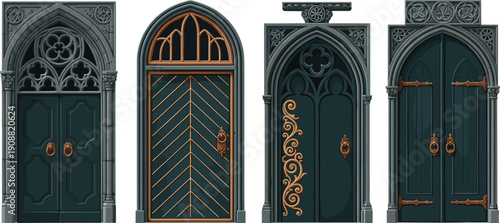 Fantasy medieval doors set, ornate gothic door designs, architectural entrance illustration, decorative vintage gateways, detailed carved door art collection
