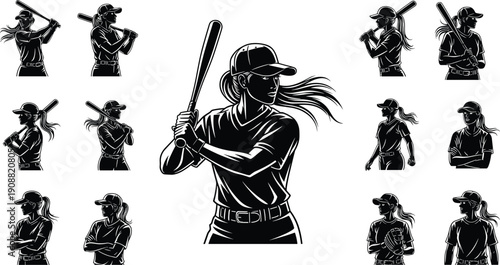 Female softball player action poses swinging bat, sports athlete illustration set, dynamic baseball female hitter artwork for team branding and design