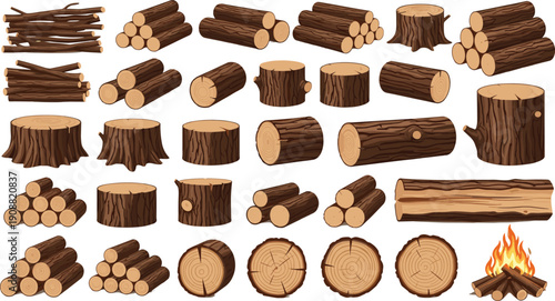 Firewood log illustration set, chopped wood pieces, lumber and timber icons, wooden stumps and branches, campfire burning logs collection