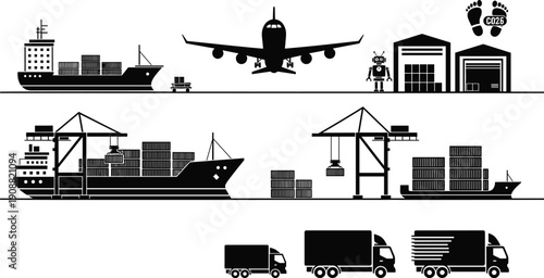 Global logistics transportation illustration, cargo ships airplanes trucks, supply chain warehouse icons, shipping industry concept, freight delivery artwork