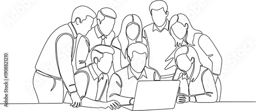 Group of business professionals gathered around laptop, teamwork collaboration brainstorming idea discussion meeting concept continuous line illustration, office teamwork scene