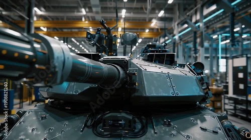Tank manufacturing process inside factory with close-up on turret details and assembly workers in action