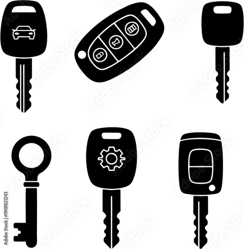 Automotive car key and remote entry vector icon set. Minimalist black silhouette symbols for vehicle security, ignition, and locksmith services. Isolated on white background