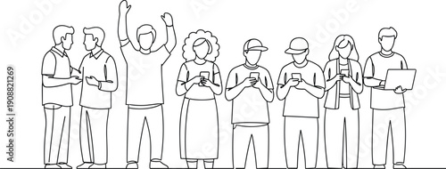 Group of diverse people interacting, talking, celebrating and using mobile phones, modern communication, digital lifestyle concept, continuous line drawing