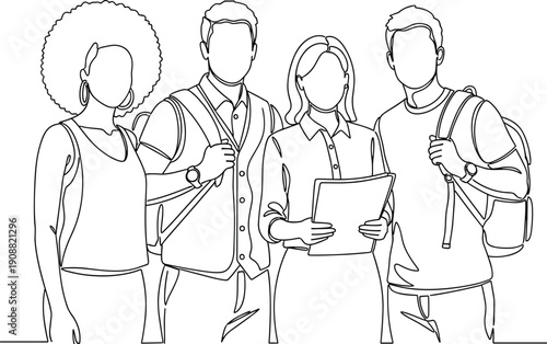 Group of diverse students illustration, teamwork and learning concept, young people standing together, education community graphic line art