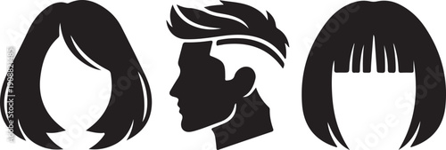 Modern and Classic Hairstyles Icon Set Men's Trendy Haircut, Women's Bob, and Blunt Bangs Silhouettes for Barber and Beauty Salons