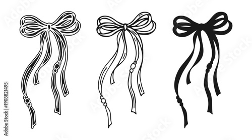 Bow and ribbon illustration set whimsical hand drawn coquette doodle linear and silhouette style set. Cute girly accessories vintage rococo mood, featuring gift bows, hair ribbons decorative knots