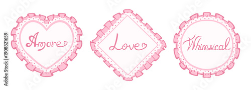 Elegant coquette frame illustration pink set hand drawn cloth ruffles lace borders. Whimsical romantic heart round square diamond shapes. Vintage Victorian mood delicate decorative art nostalgic charm
