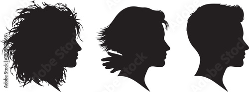Three diverse human head silhouettes in profile, featuring various hairstyles from messy long hair to neat short cuts, representing different individuals or style transformations
