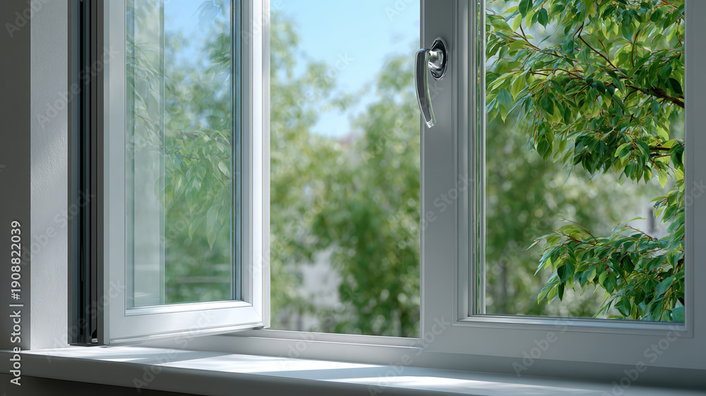 Obraz premium Open white plastic window view showing fresh green trees leaves on sunny summer day peaceful atmosphere