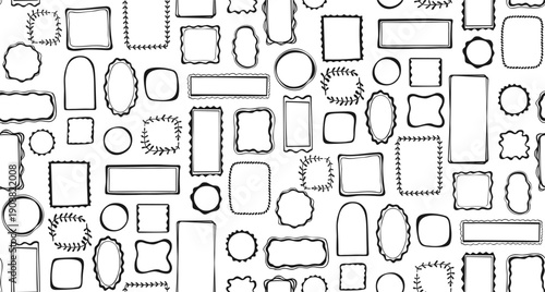 Doodle wave frame hand drawn scribble seamless pattern. Whimsical abstract linear borders square oval arch shapes wave round boundless background. Minimal decorative text boxes various endless design