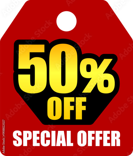 50％オフのセールを表すディスカウントラベル　50 Percent Off Discount Label – Special Offer Sale Tag
