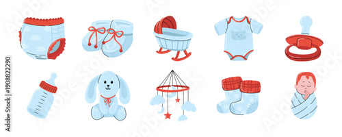 Newborn Baby Essentials and Accessories Vector Illustration Set. Baby Shower Elements and Nursery Items Bundle Vector Collection
