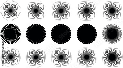 Collection of radial starburst and sunburst shapes with burst rays, explosion effects, circular radiance, and retro abstract design elements