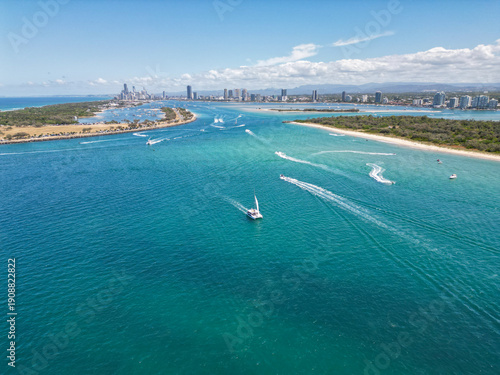 A drone photo of boats at the Gold Coast, The Spit