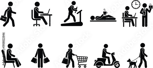 Daily Routine and Lifestyle Stick Figure Icon Set Featuring Walking, Working, Exercise, Shopping, Commuting, Relaxing, and Pet Care Vector Illustration