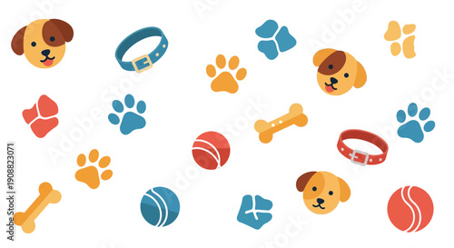 A vibrant and playful collection of cartoon dog-themed icons, including dog faces, paw prints, bones, balls, and collars, set against a clean white background.