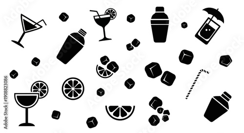 A collection of black and white icons representing cocktail ingredients and bar tools, including shakers, glasses, ice cubes, and citrus slices.
