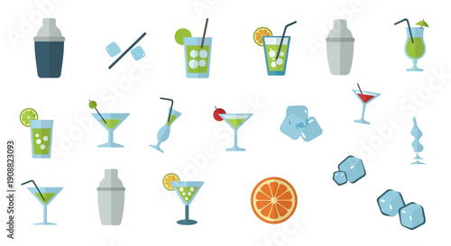 A collection of flat design icons representing various cocktails, martini glasses, shakers, ice cubes, and citrus slices, perfect for beverage-related graphics.